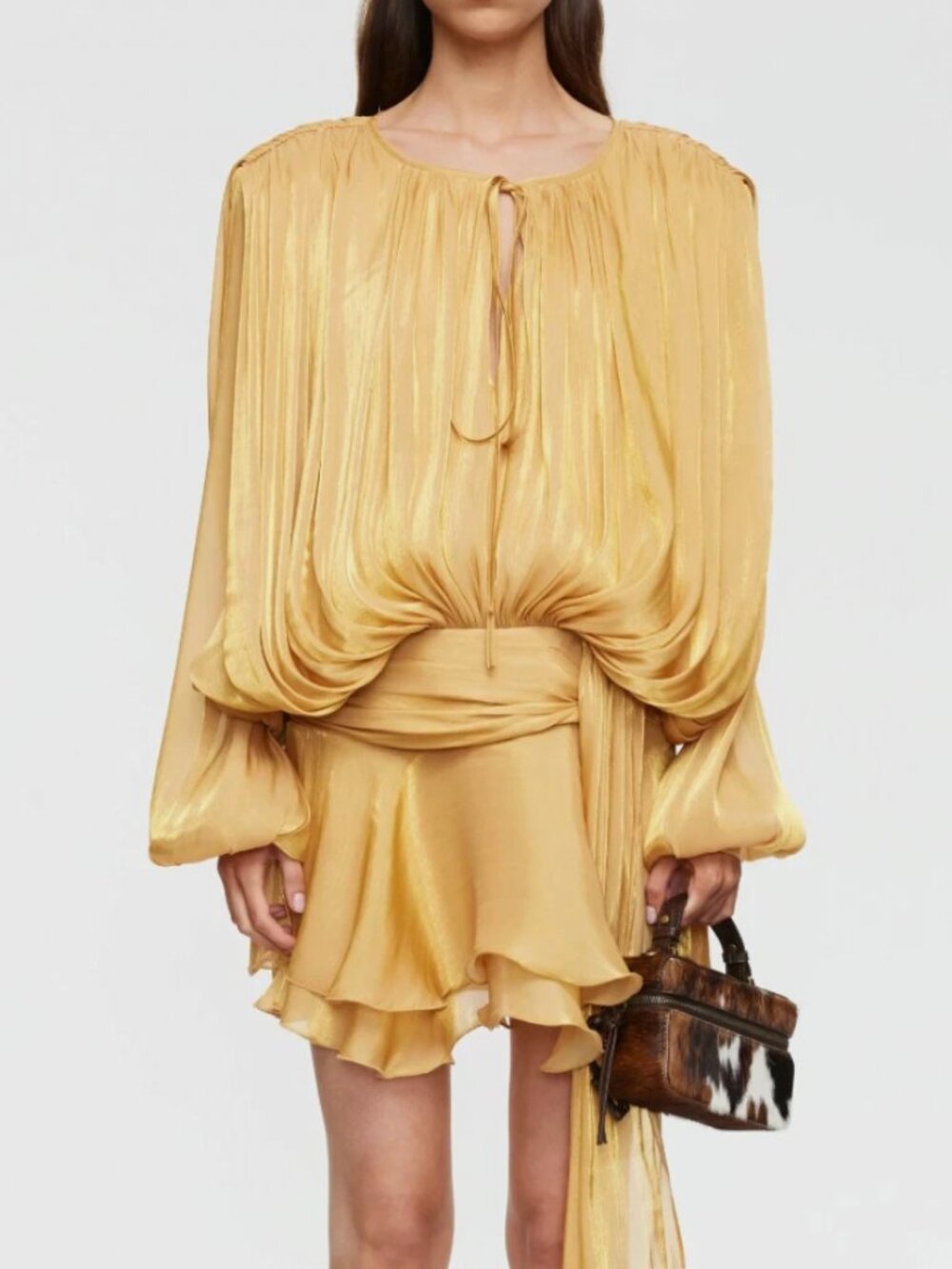 NWT Lioness Elements Pleated Long Sleeve Minidress Apricot Medium